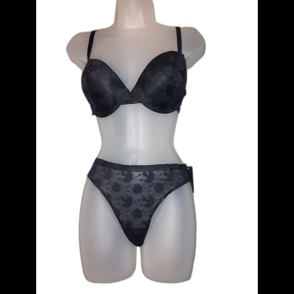 Youmita 38B Black Floral Lace Push-Up Bra & Large Seamless Floral Panty NWT